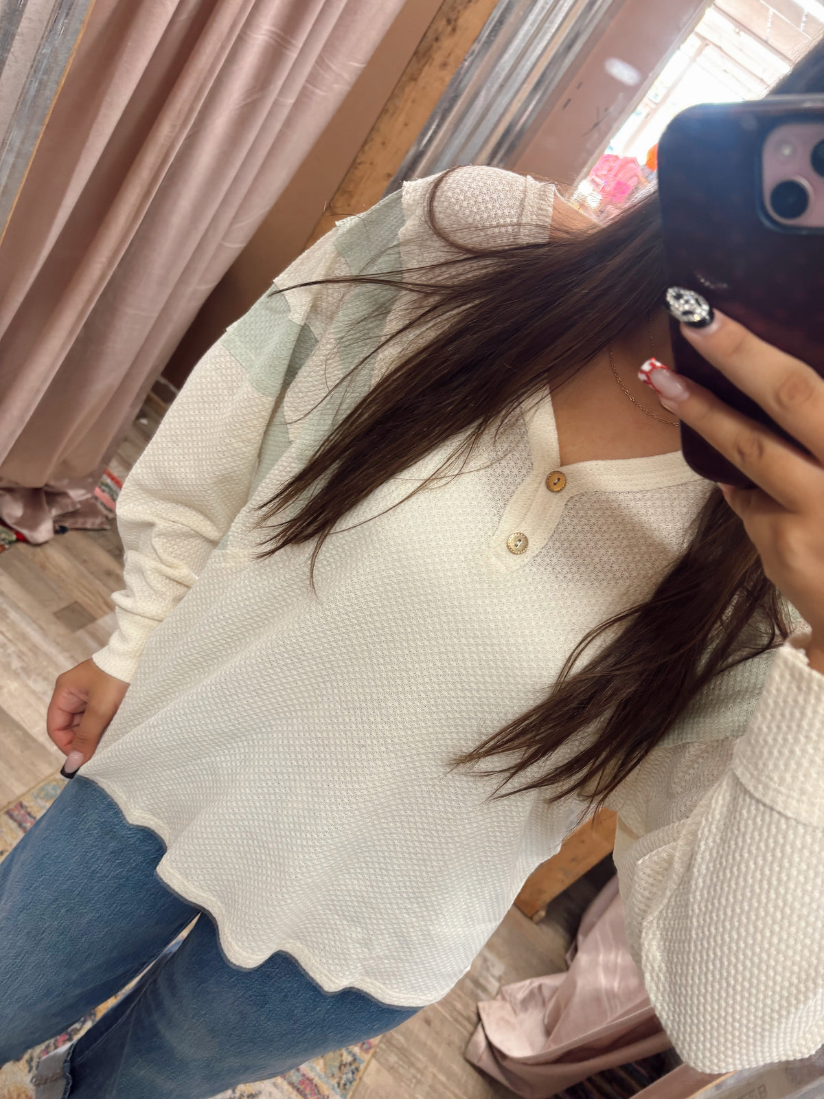 DB - Ivory & Sage 2 Button Long Sleeve Top