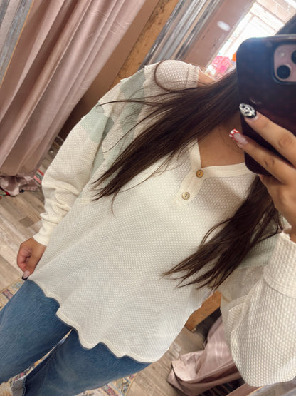 DB - Ivory & Sage 2 Button Long Sleeve Top