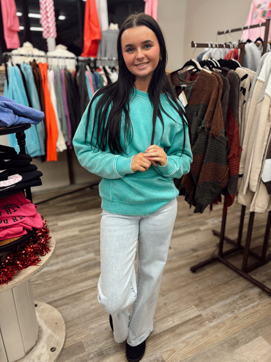 Warm Me Up Acid Wash Crewneck - Turquoise
