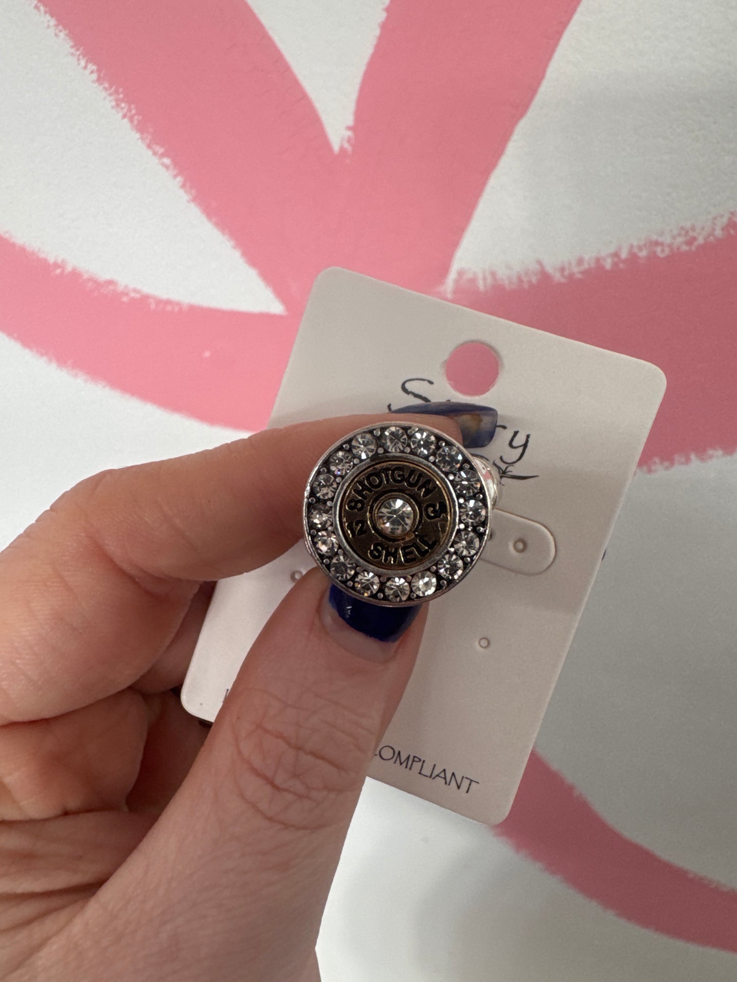 12 GA Shotgun Bullet Shell Rhinestone Stretch Ring - Silver