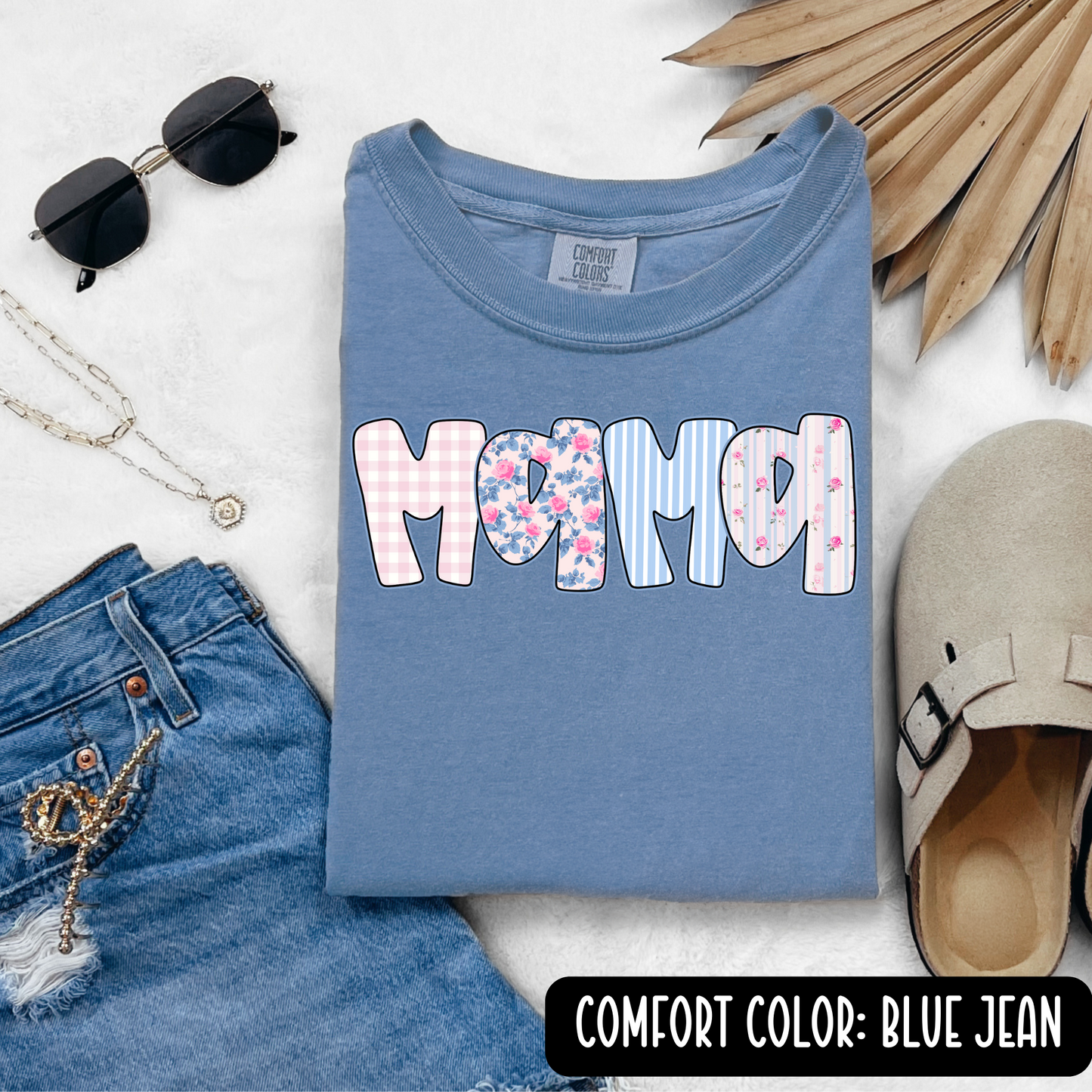 Preppy Blue & Pink Floral Custom Name Graphic Tee