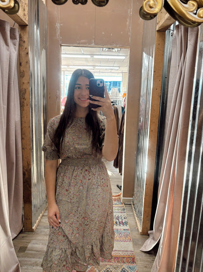 DB - Sage Floral Midi Dress Cinched Sleeves