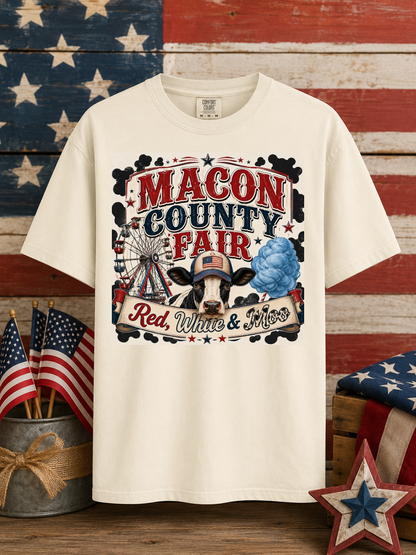 MACON COUNTY FAIR Red White & Moo Boy Graphic Tee