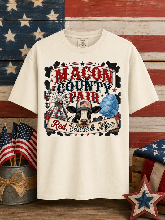 MACON COUNTY FAIR Red White & Moo Boy Graphic Tee