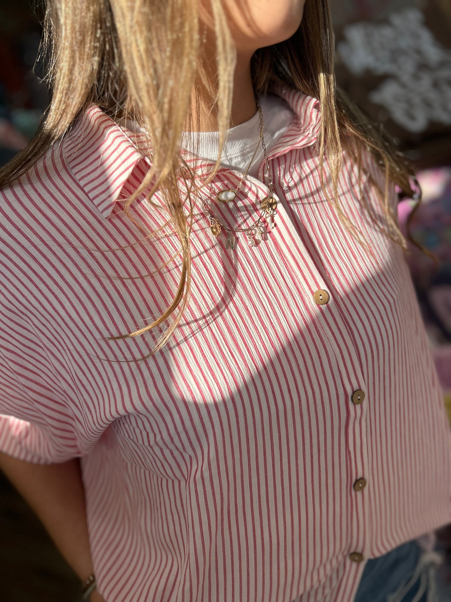 Zenana Wanderlust Striped Button Down Top - Red