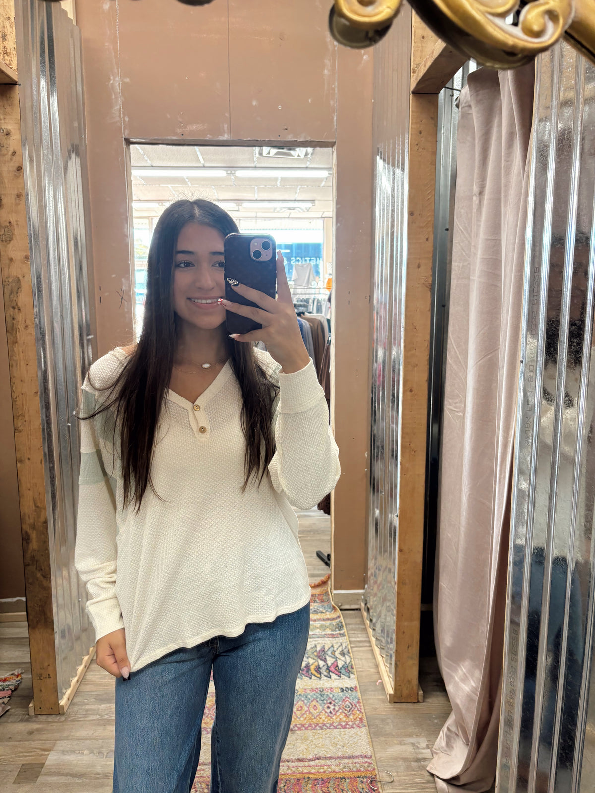DB - Ivory & Sage 2 Button Long Sleeve Top