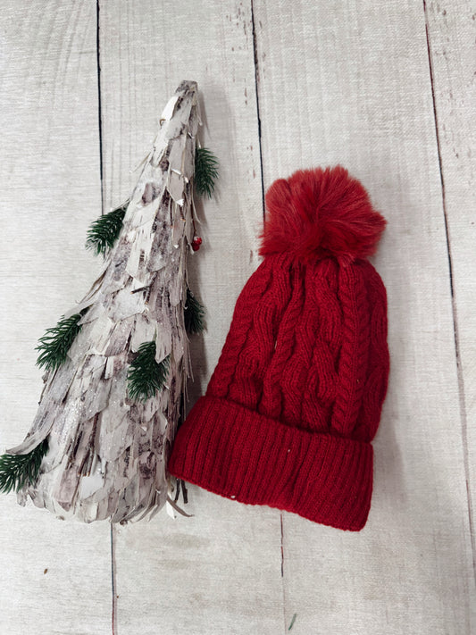 Cable Knit Fleece Lined Beanie - Red
