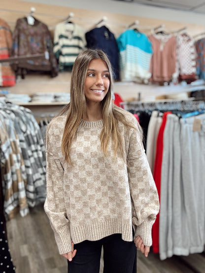 Pumpkin Patch Checkered Sweater - Mocha