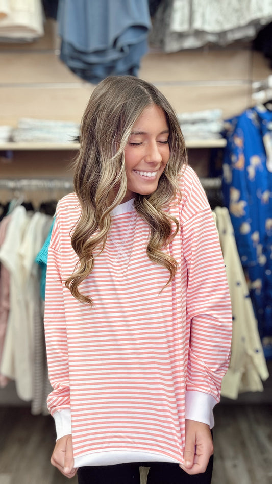 Glad to See You Striped Pullover - Coral