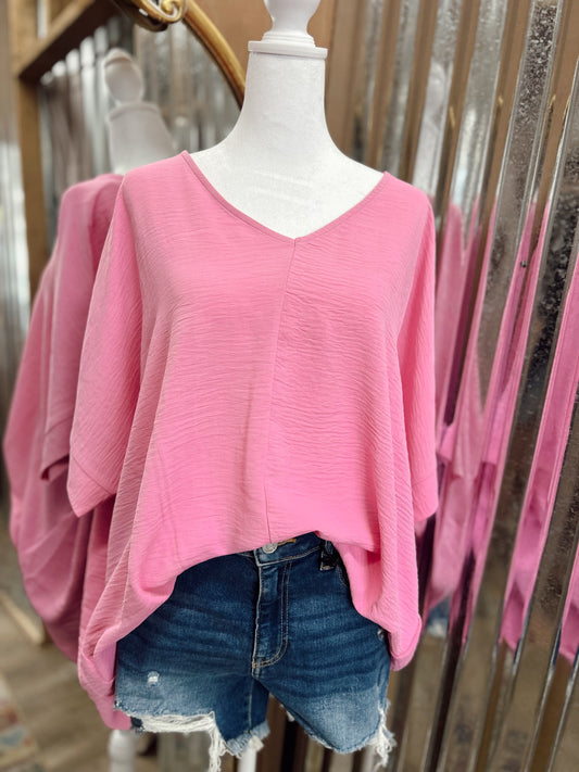 DOORBUSTER WOVEN V-NECK TOP - Candy Pink