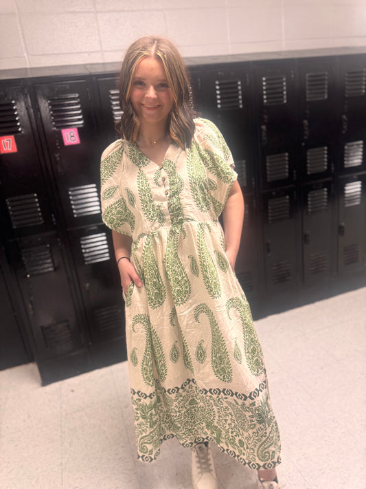I'm In Trouble Now Paisley Midi Dress - Matcha