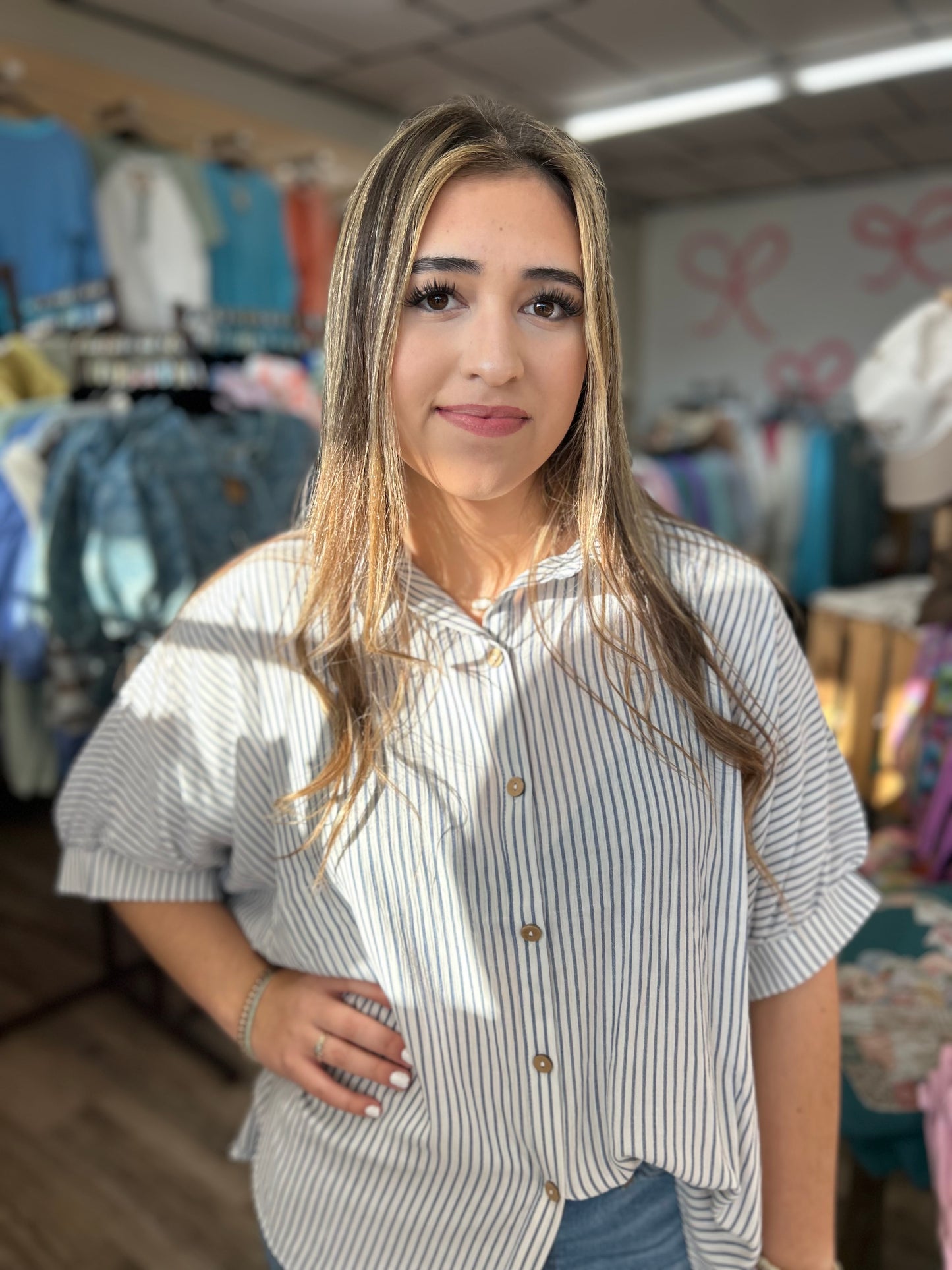 Wanderlust Striped Button Down Top - Classic Blue