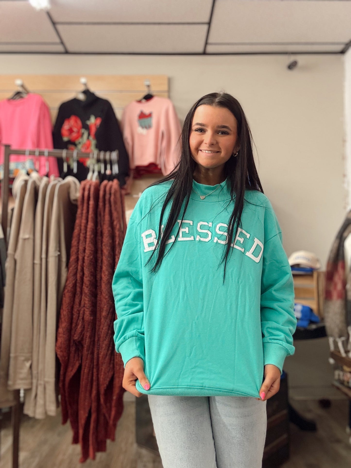 Blessed Embroidered Mock Neck Sweatshirt - Mint