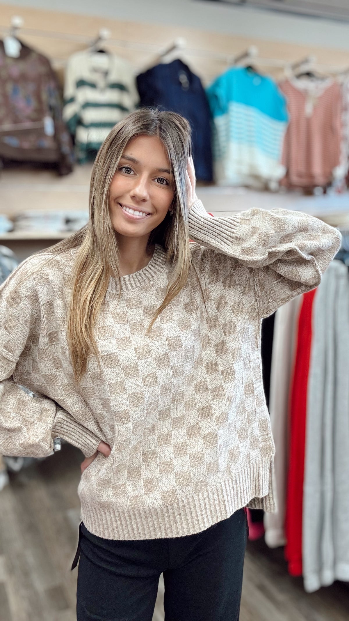 Pumpkin Patch Checkered Sweater - Mocha