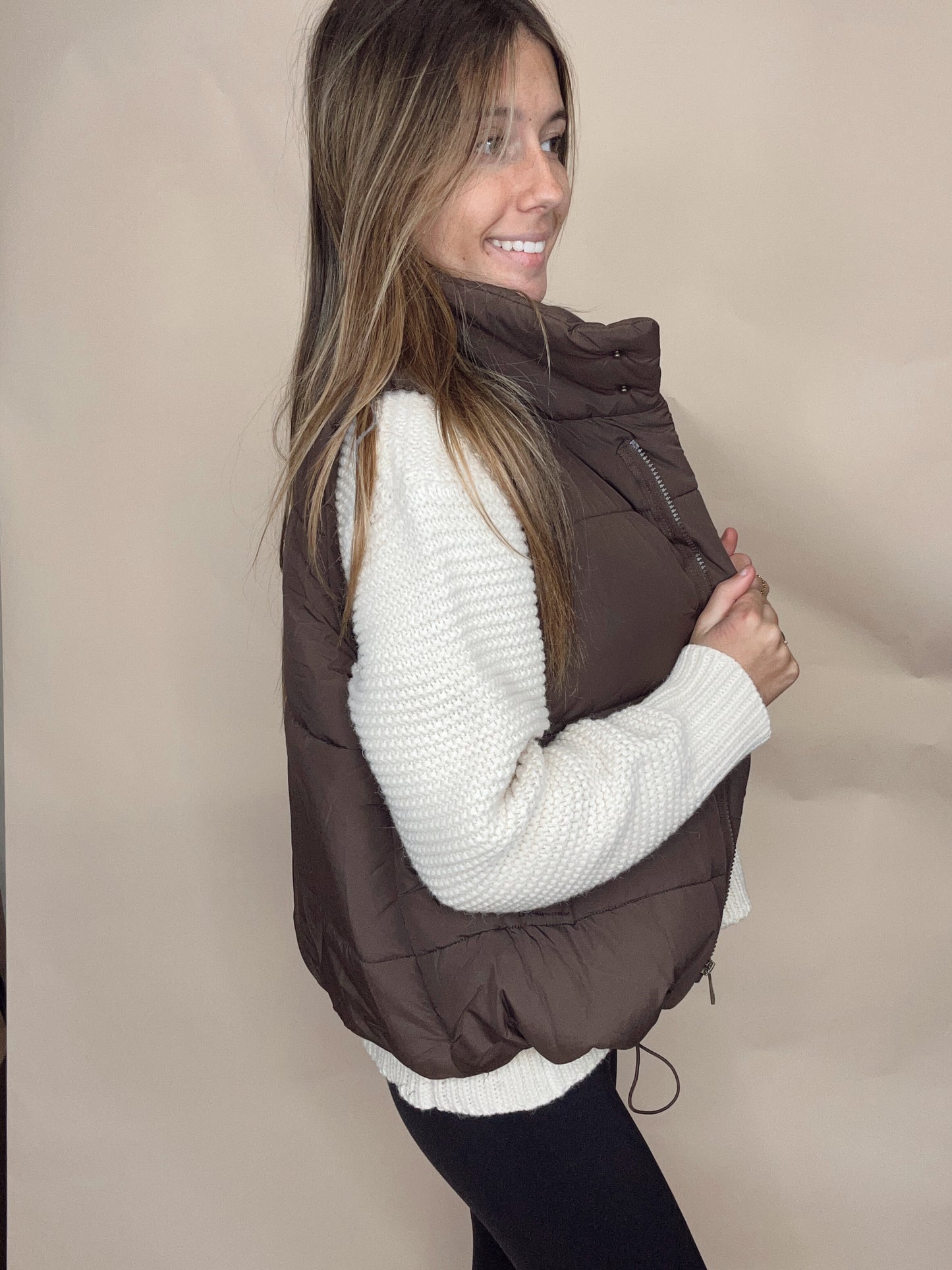 All Smiles Here Puffer Vest - Brown