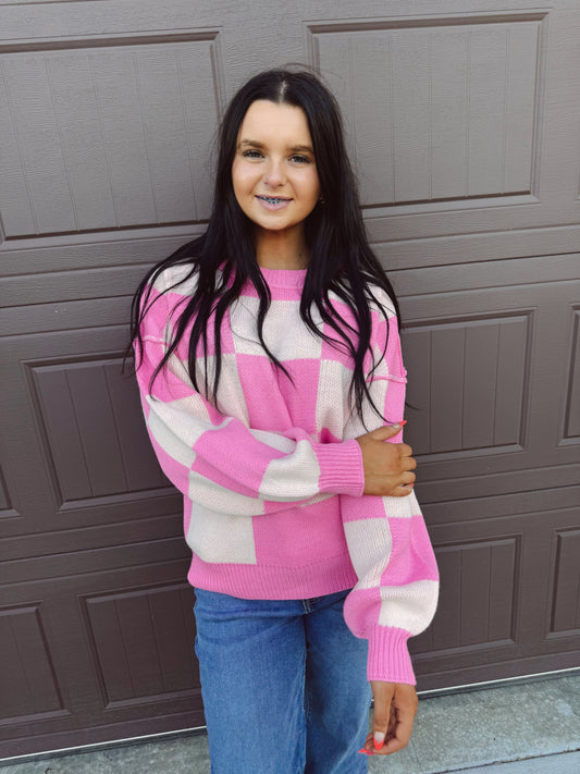 Fire Side Stories Checkered Sweater - Pink