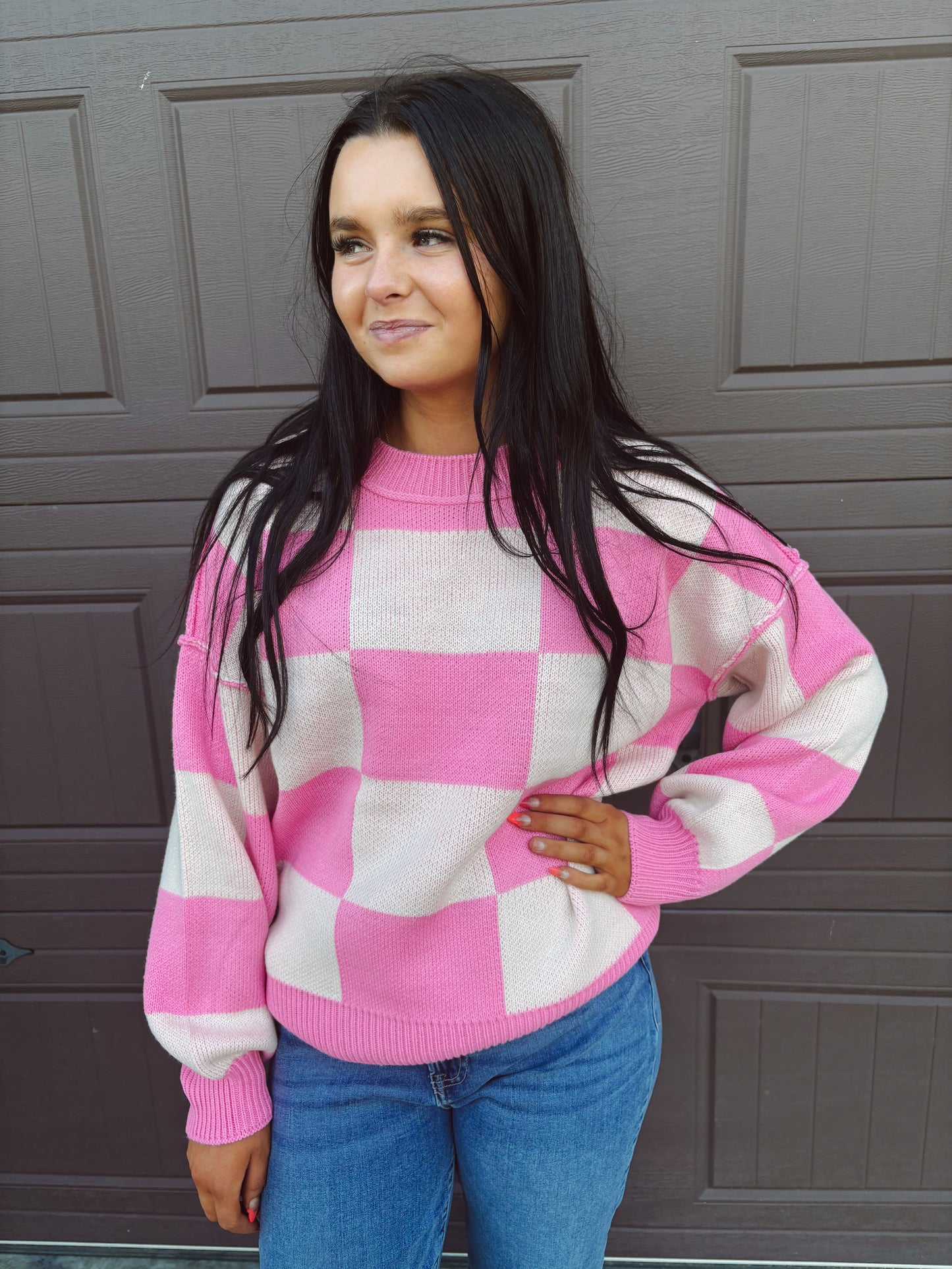 Fire Side Stories Checkered Sweater - Pink