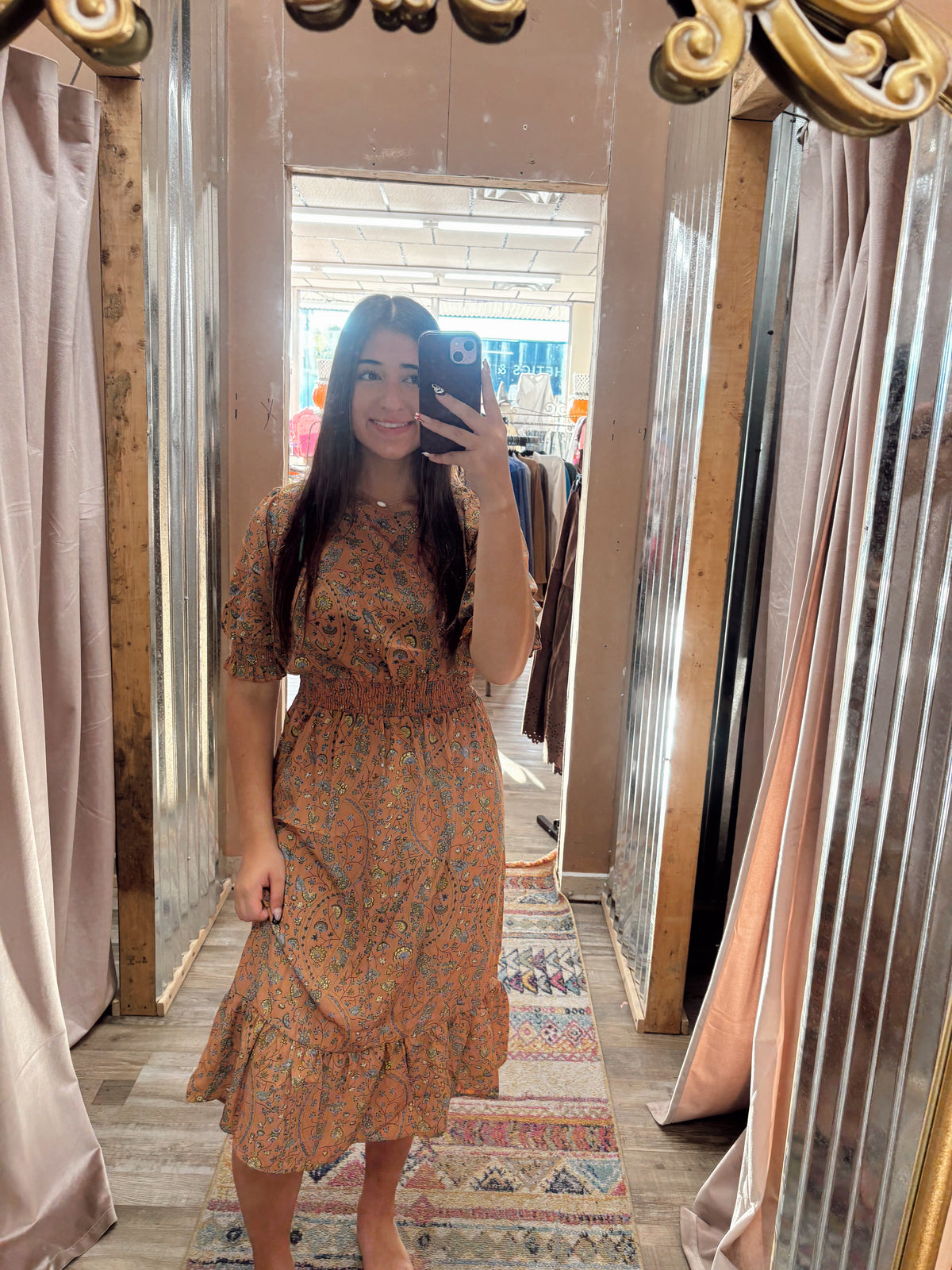 DB - Coral Floral Midi Dress Cinched Sleeves