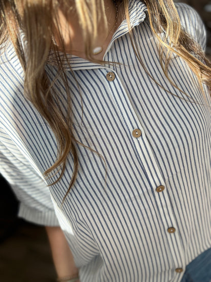 Wanderlust Striped Button Down Top - Classic Blue