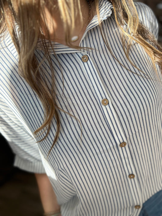 Wanderlust Striped Button Down Top - Classic Blue