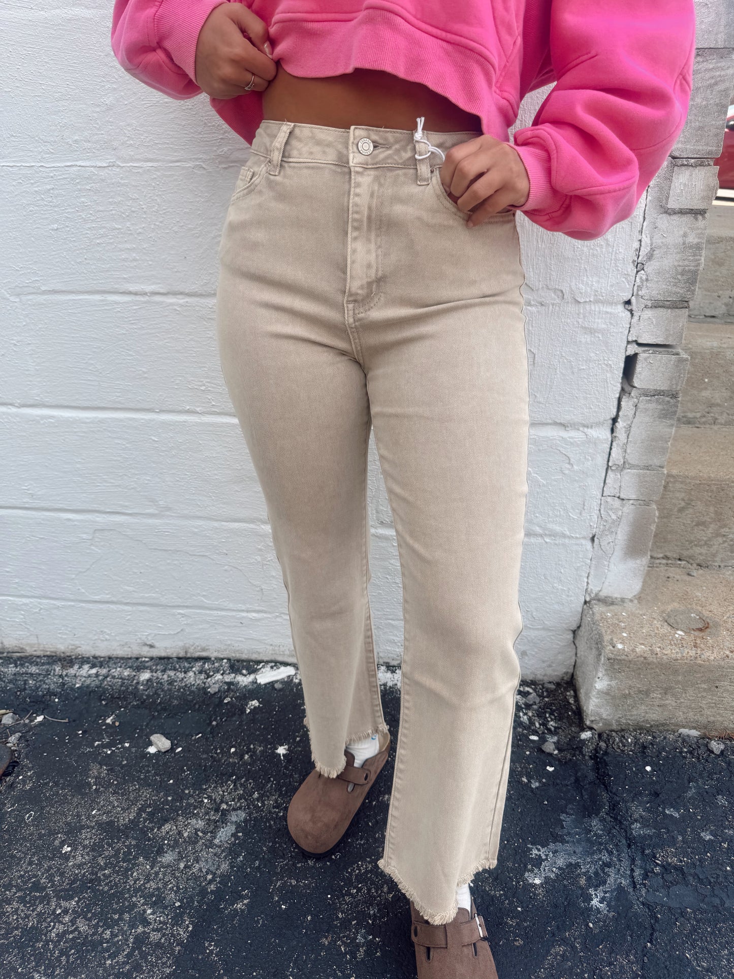 Becky Acid Wash Denim Cropped Jeans - Sand Beige