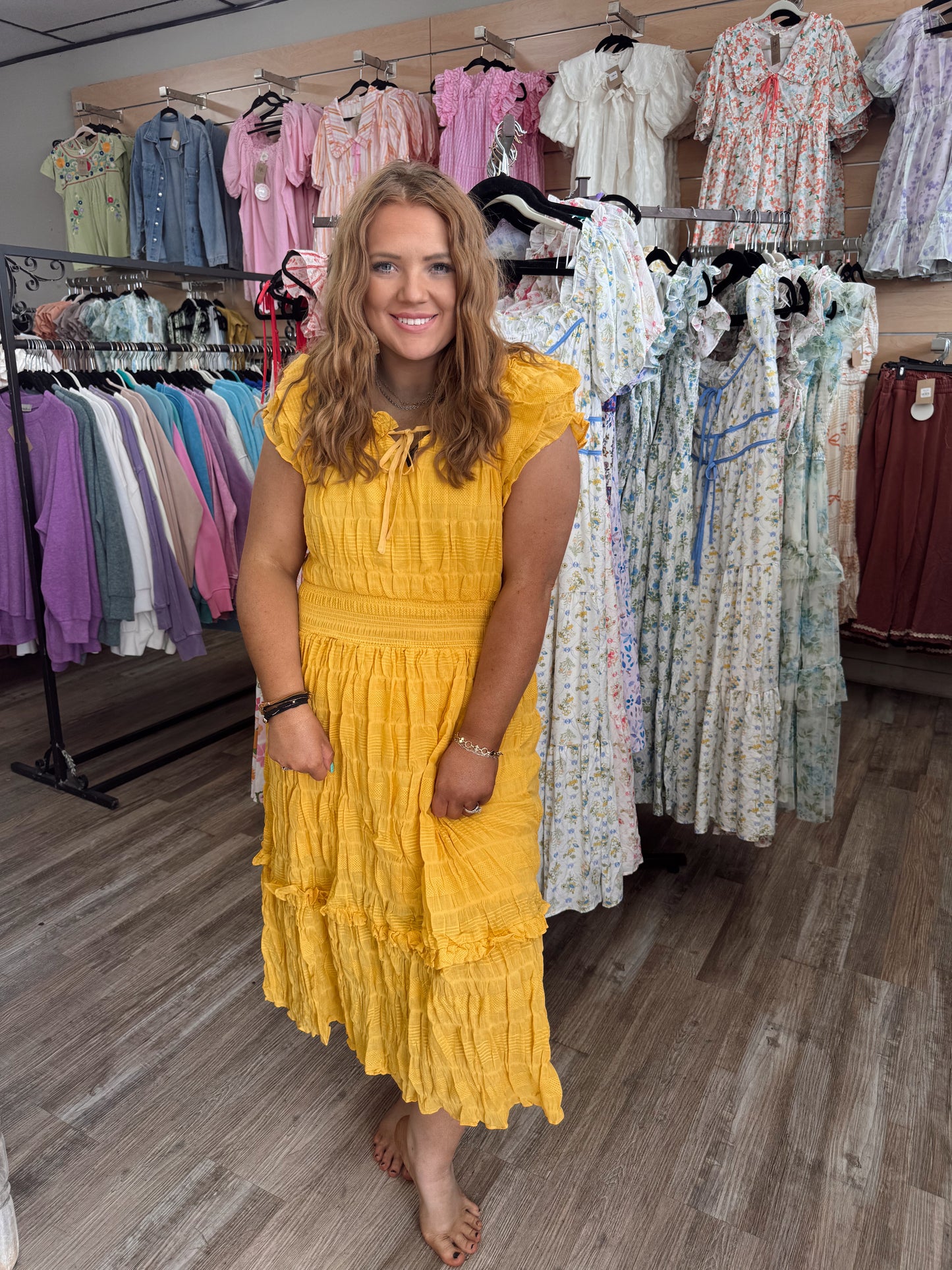 Skies Are Blue Textured Midi Dress - Honey