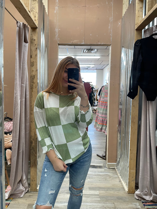 Call Me Later Green Checkered Top