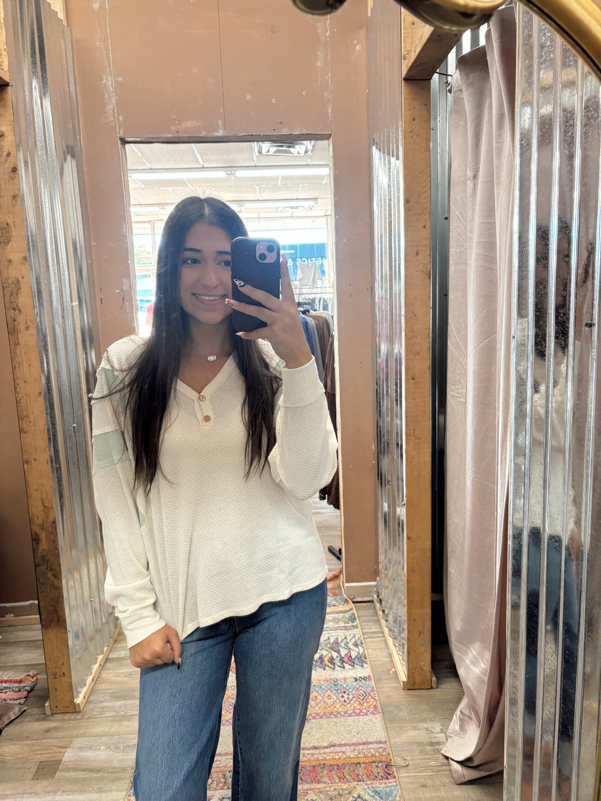 DB - Ivory & Sage 2 Button Long Sleeve Top