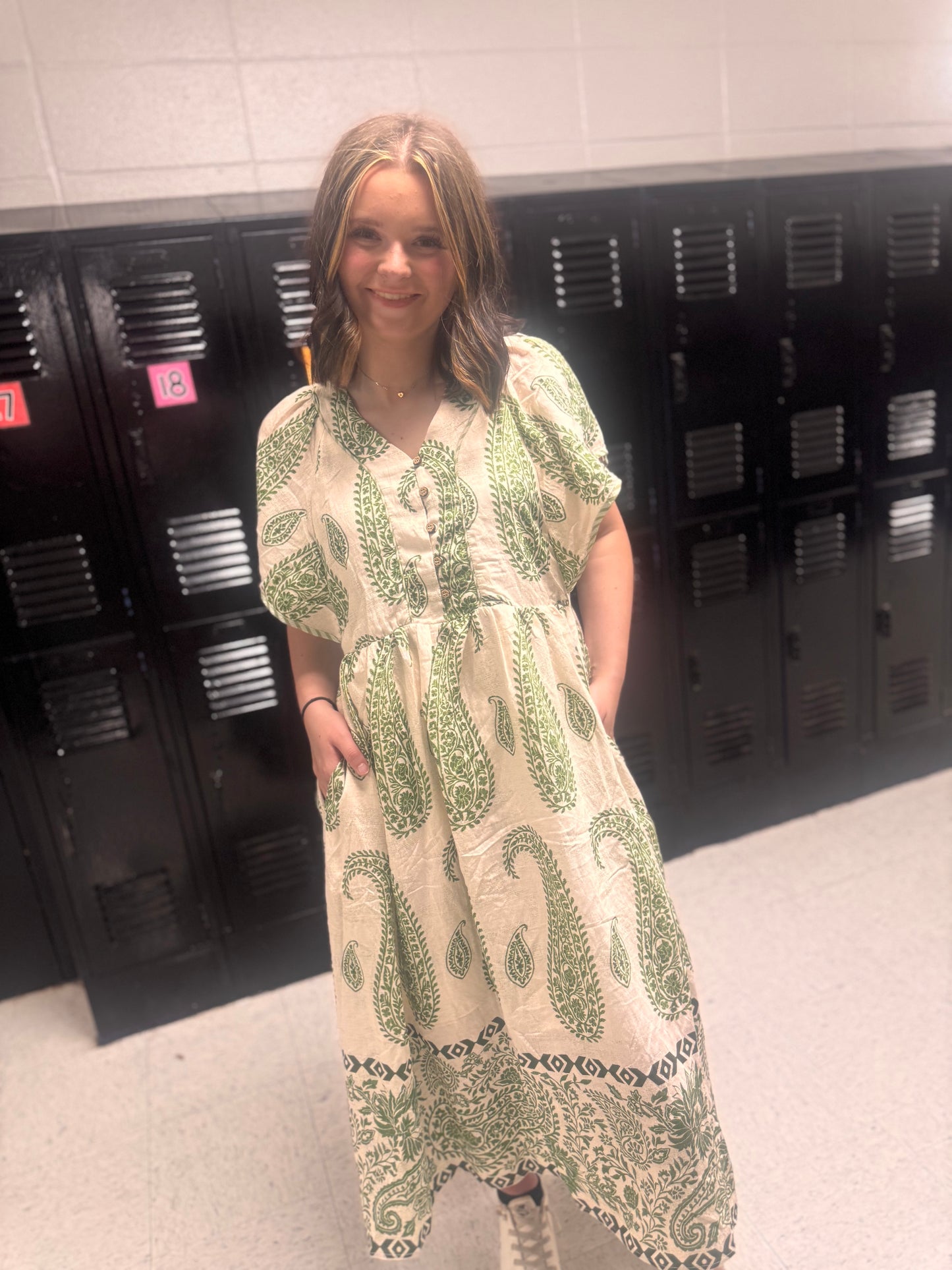 I'm In Trouble Now Paisley Midi Dress - Matcha