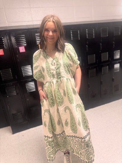 I'm In Trouble Now Paisley Midi Dress - Matcha