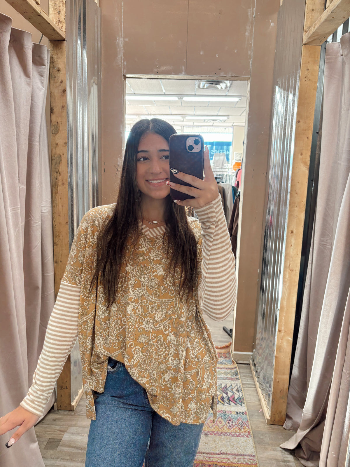 DB - Mustard Floral Long Sleeve Top With Striped Sleeves