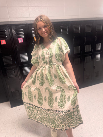 I'm In Trouble Now Paisley Midi Dress - Matcha