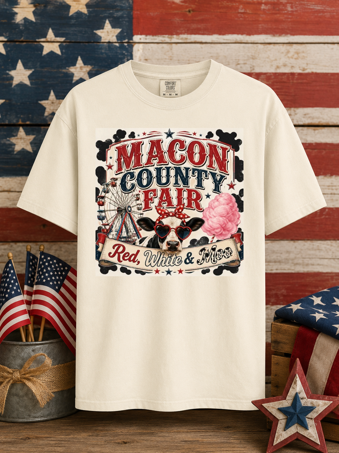 MACON COUNTY FAIR Red White & Moo Girl Graphic Tee