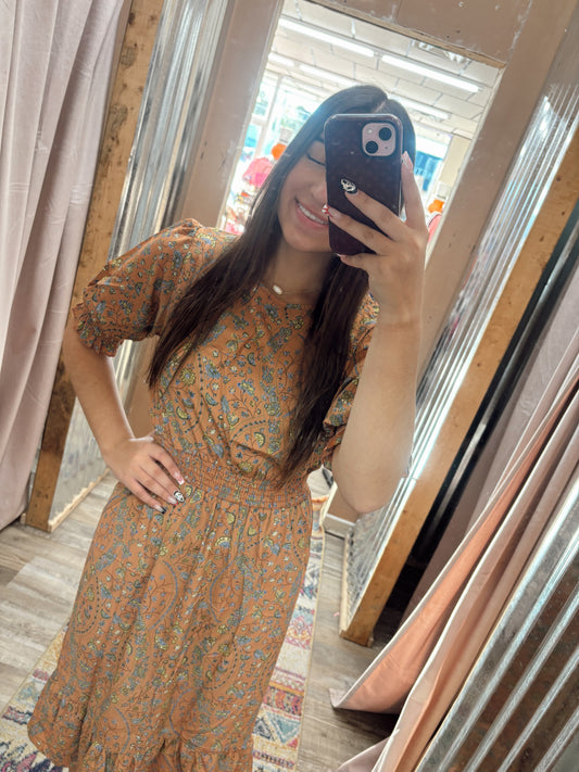 DB - Coral Floral Midi Dress Cinched Sleeves