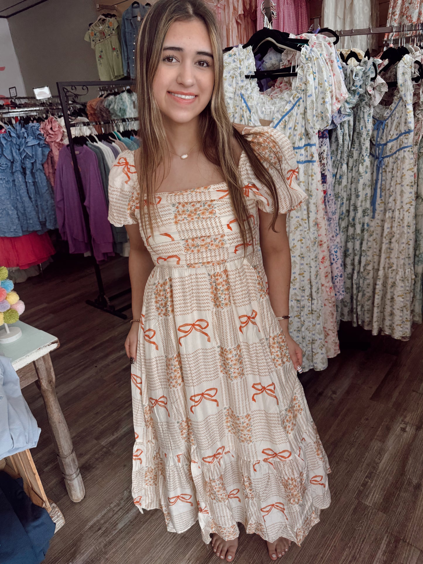 Blooms & Bows Midi Dress - Apricot