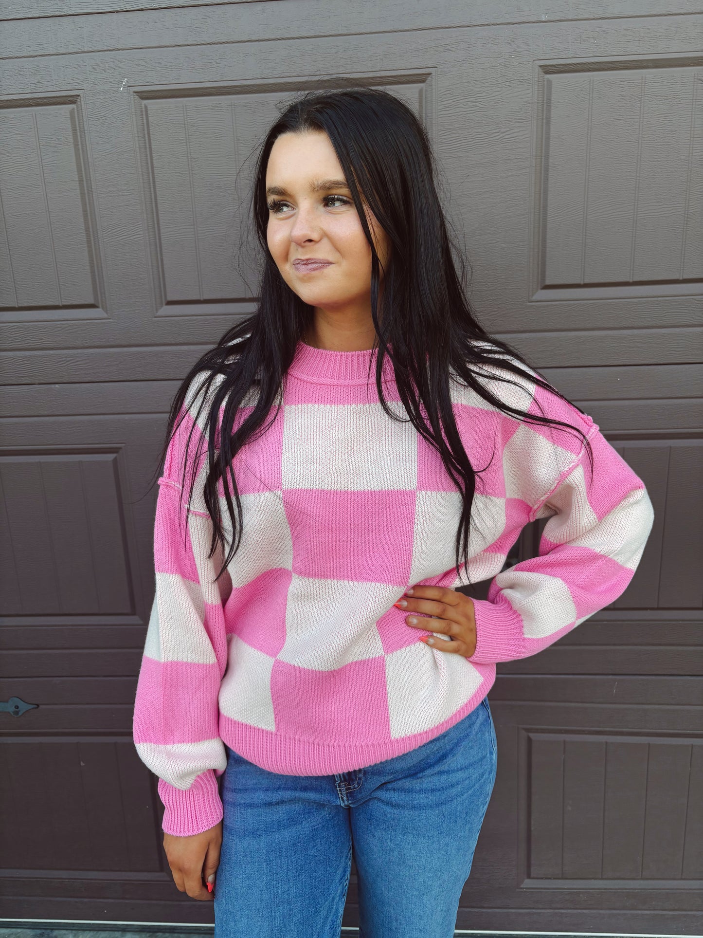 Fire Side Stories Checkered Sweater - Pink