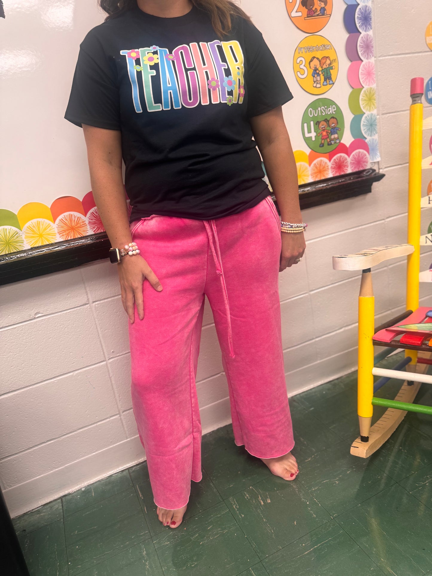 DOORBUSTER Acid Wash Flare Pants - Hot Pink
