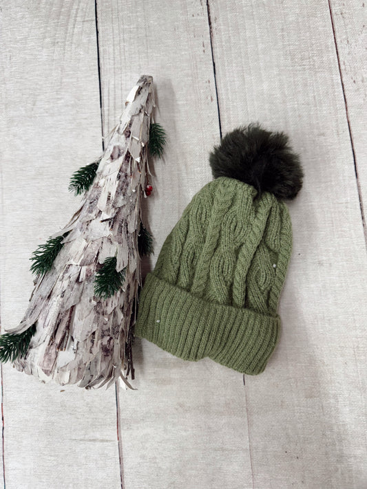Cable Knit Fleece Lined Beanie - Olive