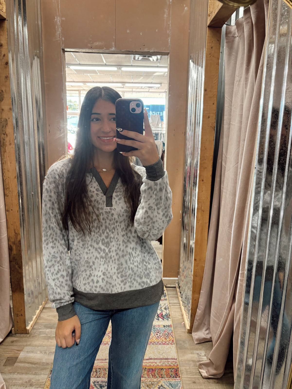 DB - Grey Cheetah Long Sleeve V-Neck