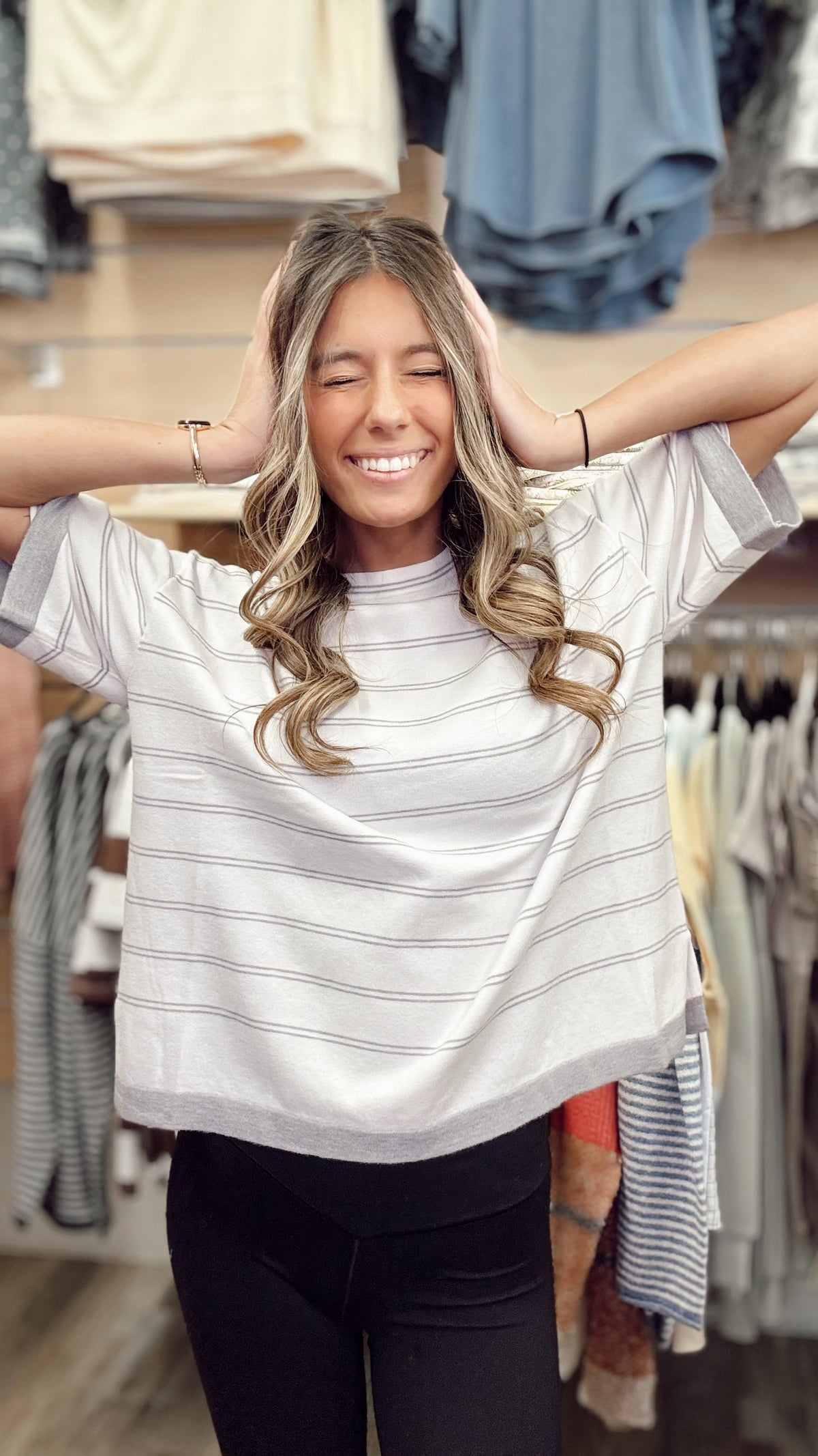 Smile Beautiful Striped Top  - H Grey