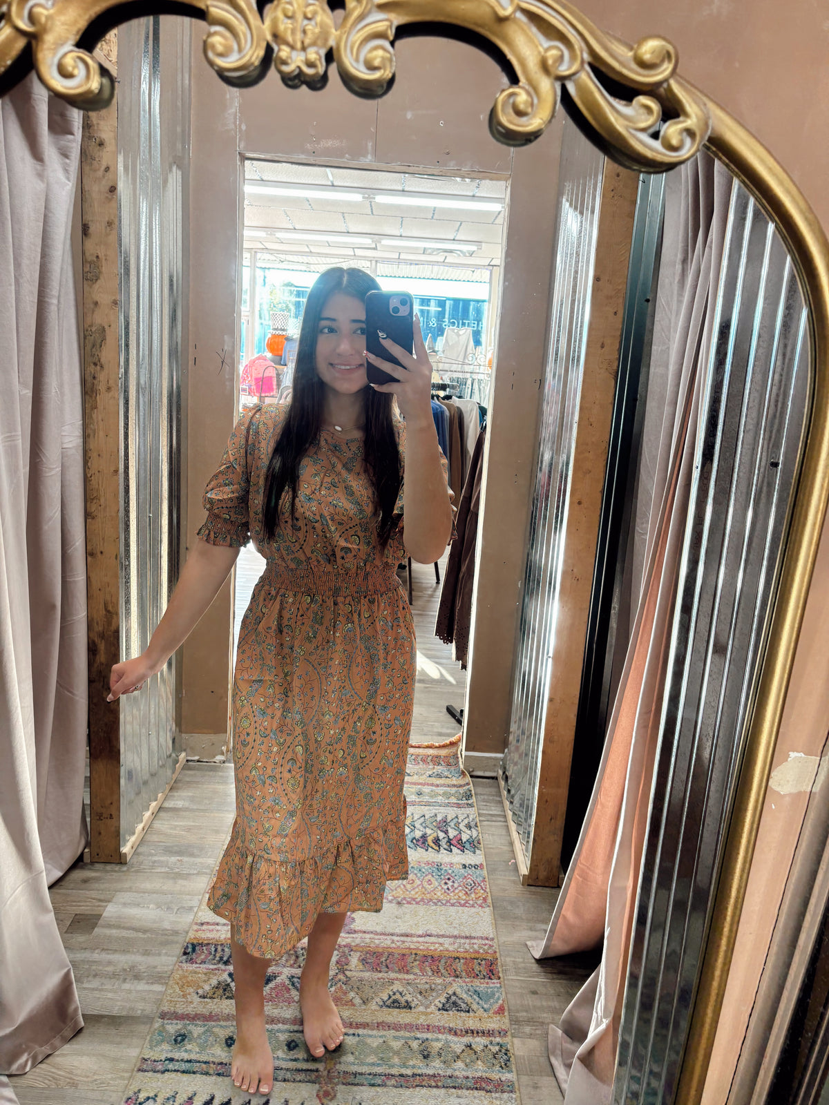 DB - Coral Floral Midi Dress Cinched Sleeves