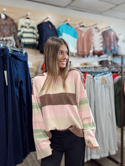 Vintage Vibes Stripe Sweater - Pink