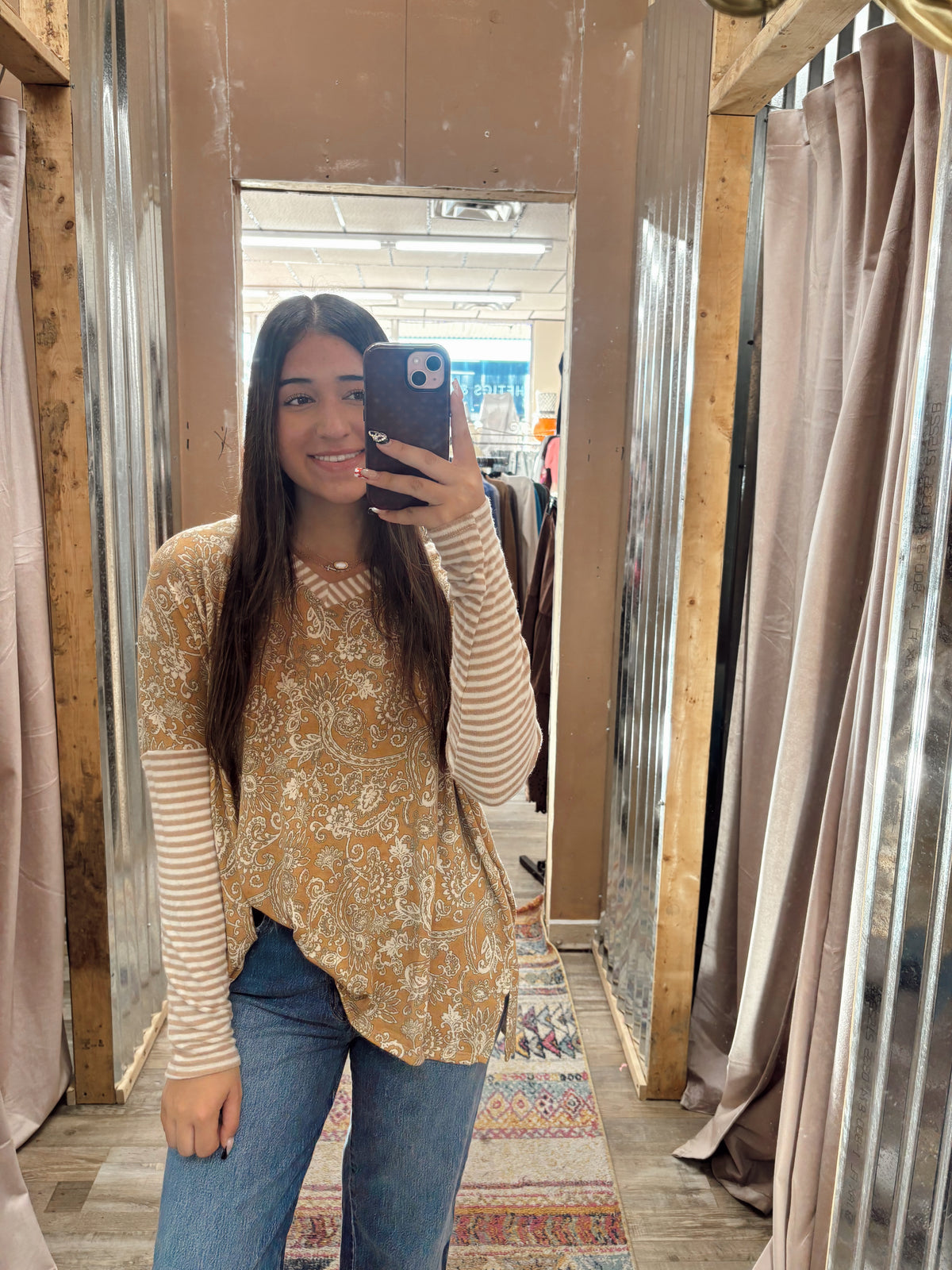 DB - Mustard Floral Long Sleeve Top With Striped Sleeves