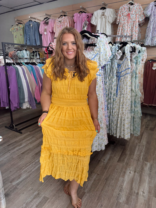 Skies Are Blue Textured Midi Dress - Honey