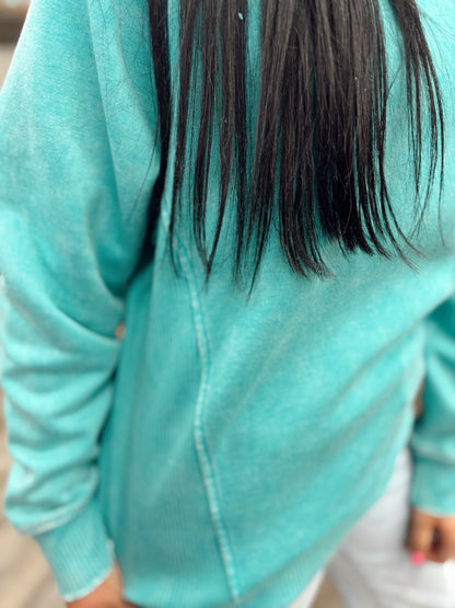 Warm Me Up Acid Wash Crewneck - Turquoise