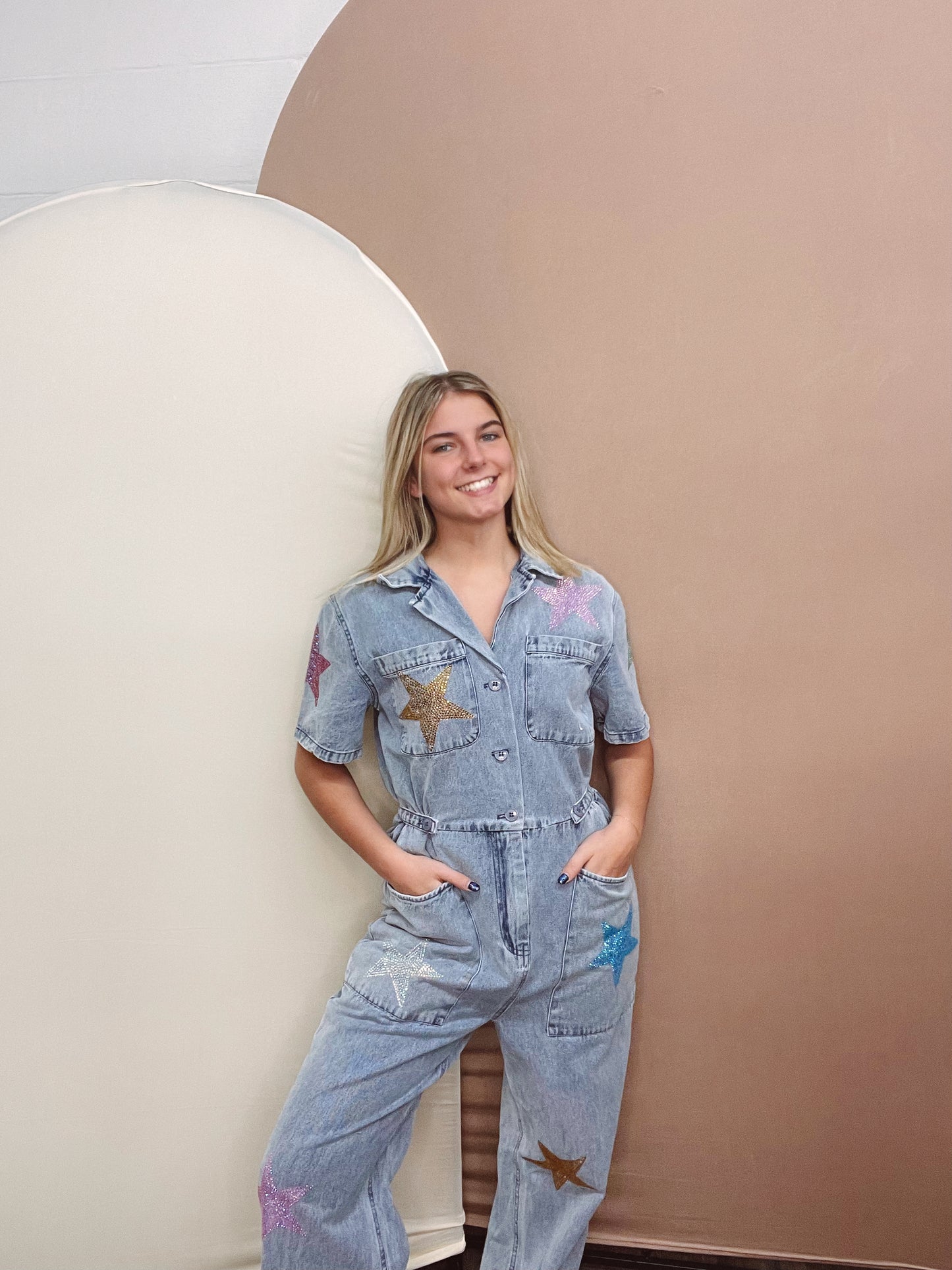 Cowboy Lady Rhinestone Star Denim Jumpsuit