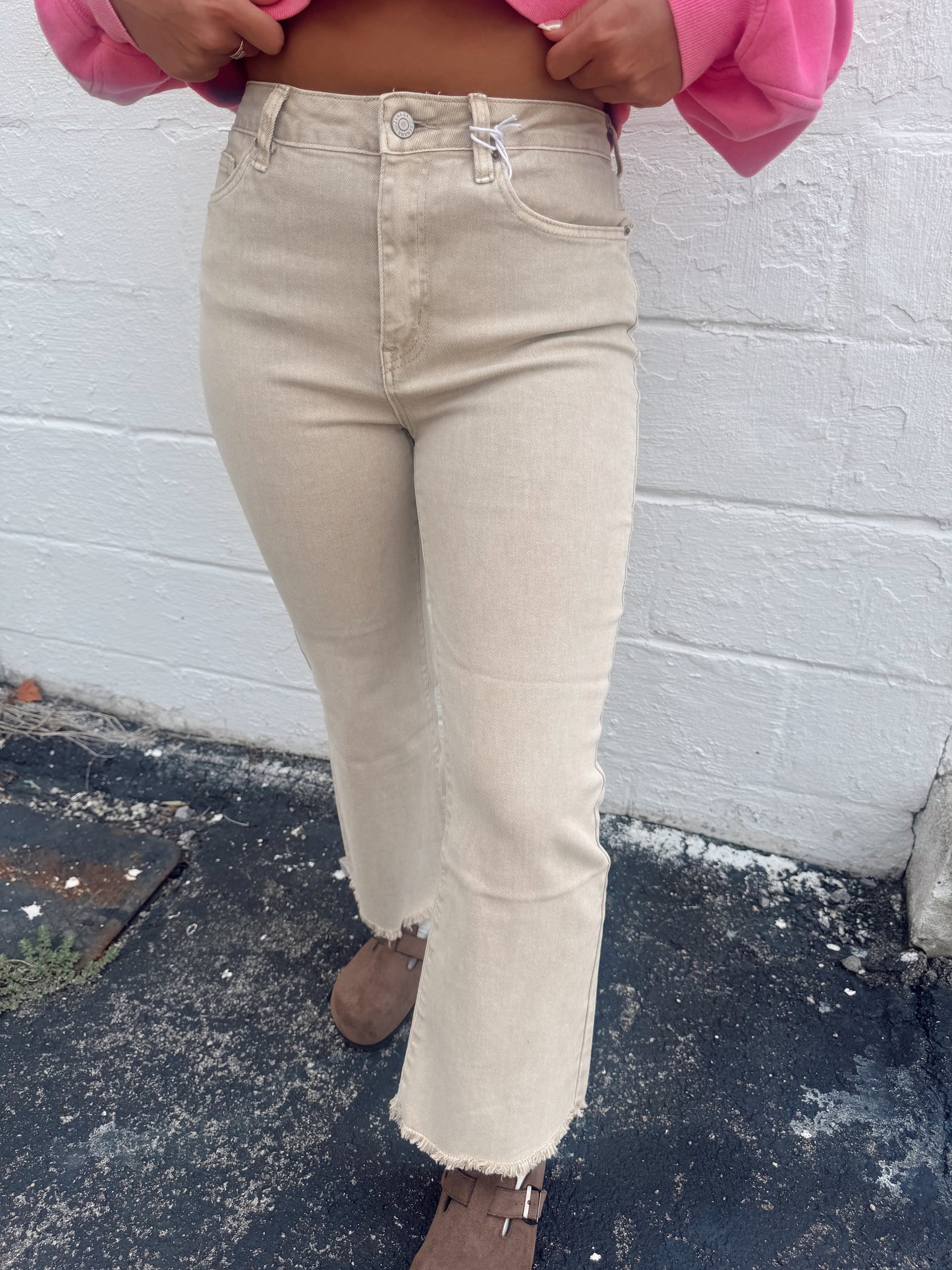 Becky Acid Wash Denim Cropped Jeans - Sand Beige