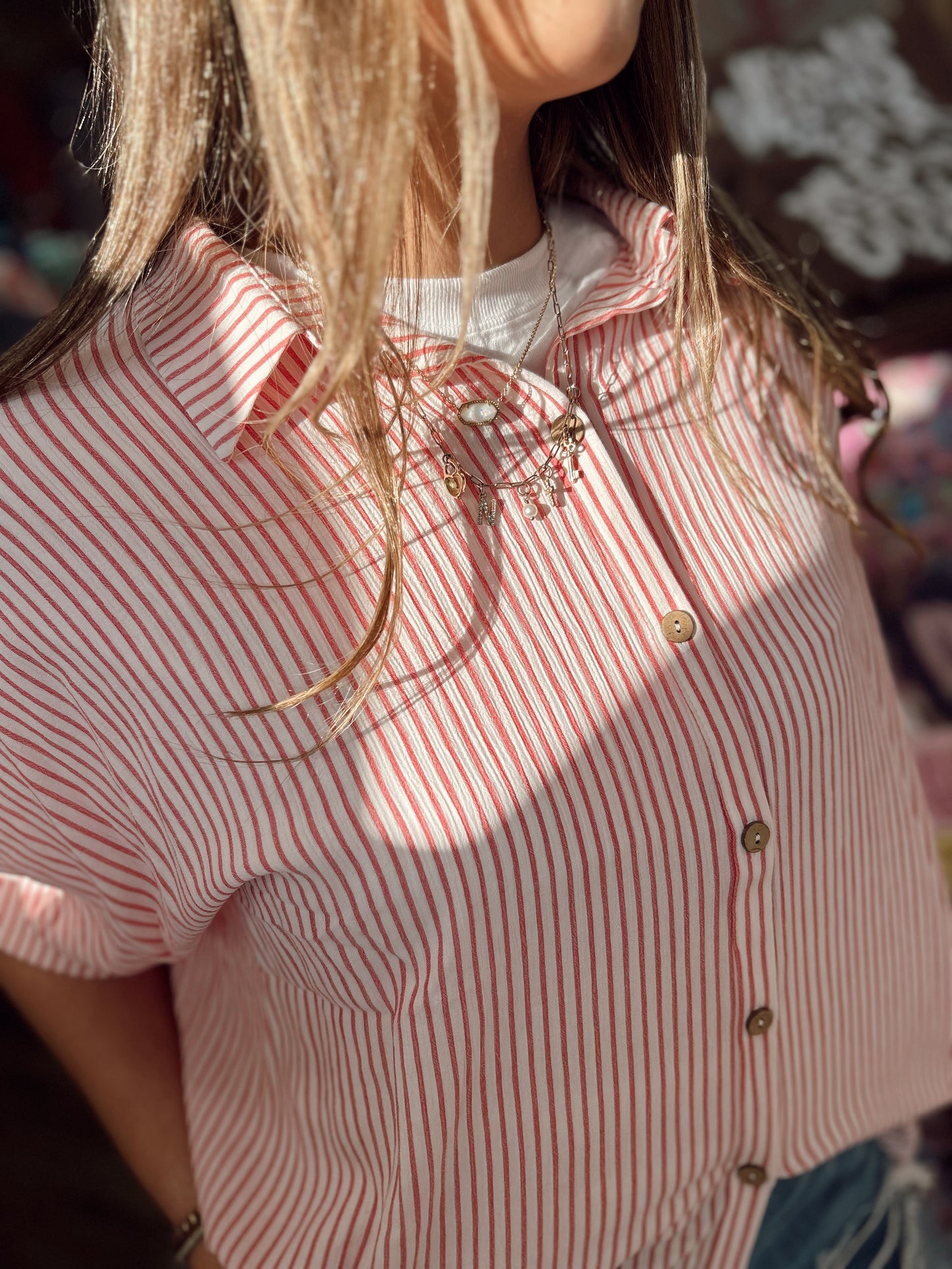 Zenana Wanderlust Striped Button Down Top - Red