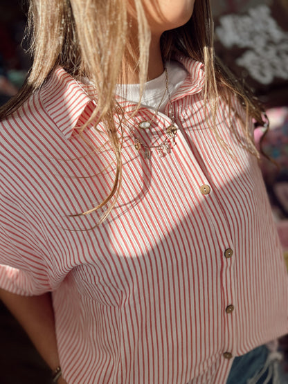 Zenana Wanderlust Striped Button Down Top - Red