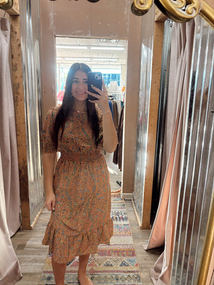 DB - Coral Floral Midi Dress Cinched Sleeves
